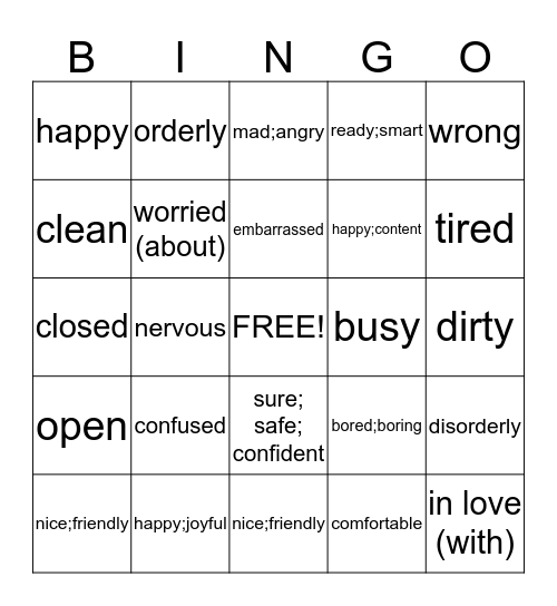Adjectivos Bingo Card