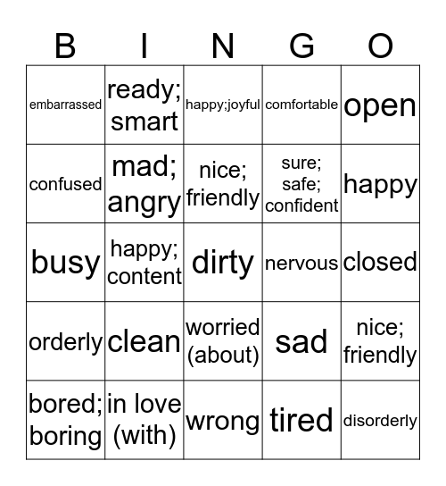 Adjectivos Bingo Card