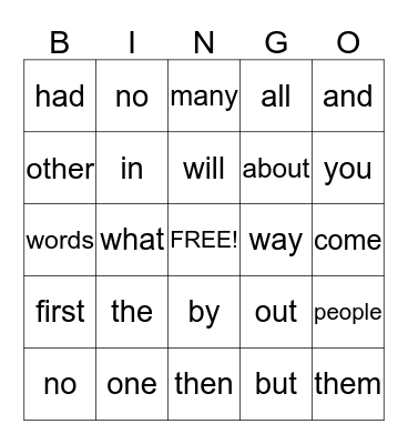 Sight Words  Bingo Card