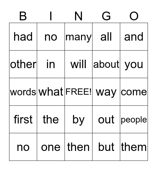 Sight Words  Bingo Card