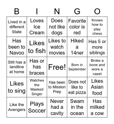 Get to know you Bingo Card