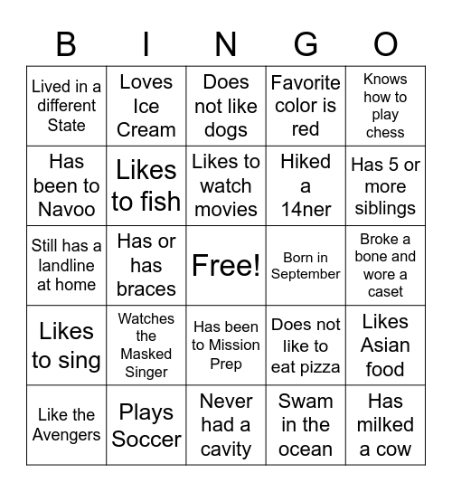 Get to know you Bingo Card