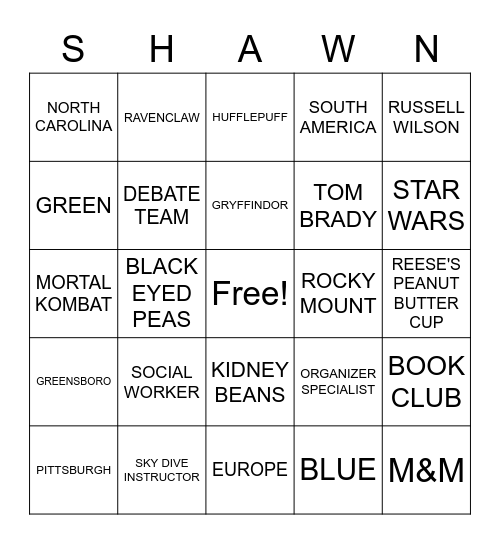 SHAWN Bingo Card