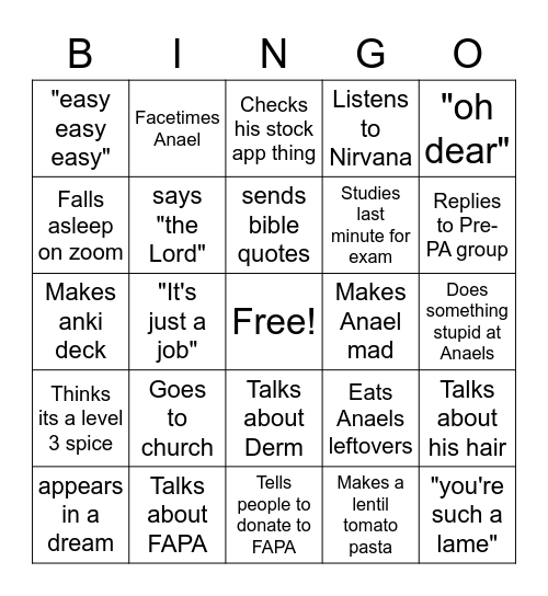 Aaron's Bingo Card