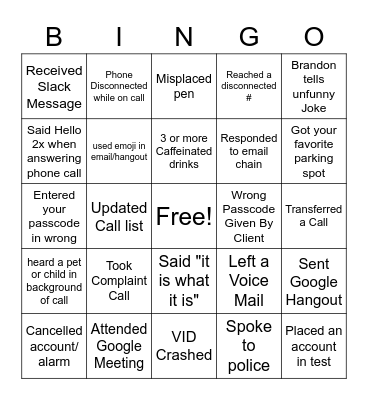 Work Place Bingo Card