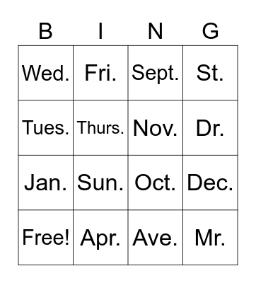 Abbreviation Bingo Card