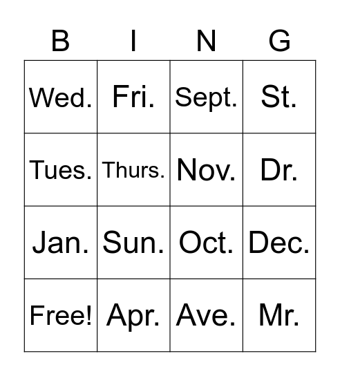 Abbreviation Bingo Card