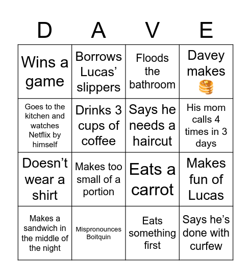 Davey’s  Bingo Card