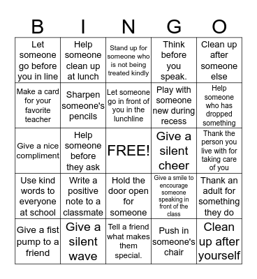Random Act of Kindness Bingo Card
