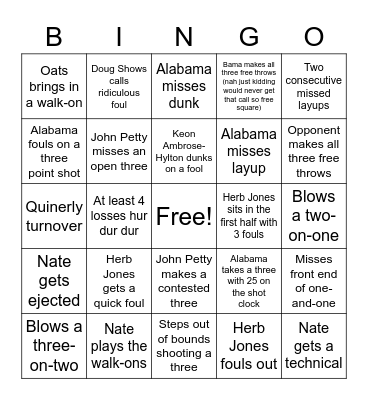 Alabama basketball bingo Card