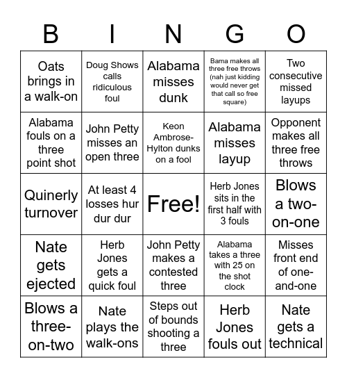 Alabama basketball bingo Card