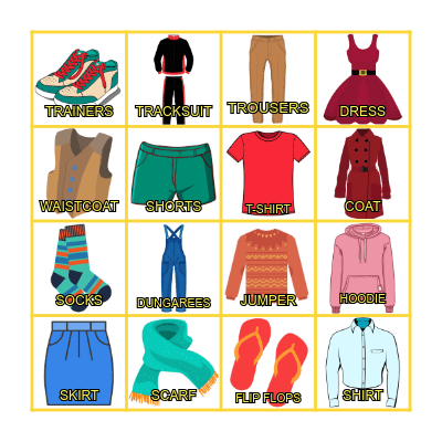 CLOTHING VOCABULARY Bingo Card