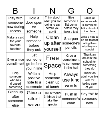 Random Acts of Kindness Bingo Card