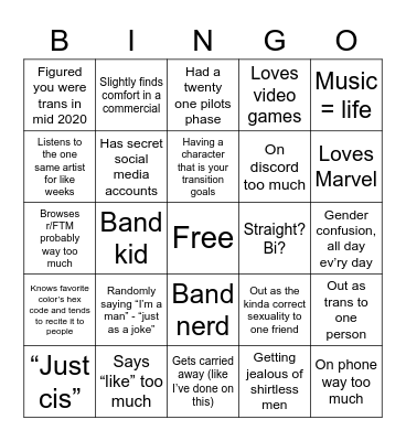 Supposed to be a trans masc bingo but turned into Jake’s bingo Card