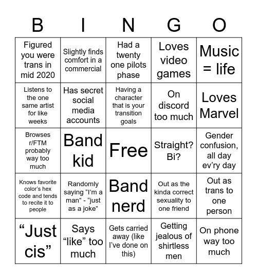 Supposed to be a trans masc bingo but turned into Jake’s bingo Card