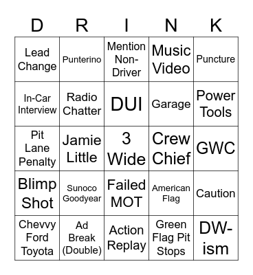 NASCAR Bingo Card