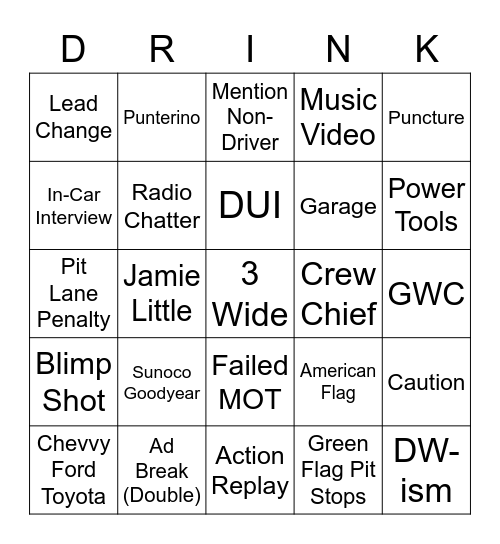 NASCAR Bingo Card