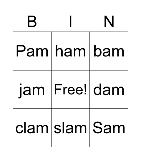 Word Family - am Bingo Card