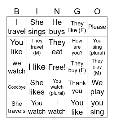 Er verbs Bingo Card