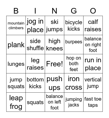 PE 6th Grade Bingo Card