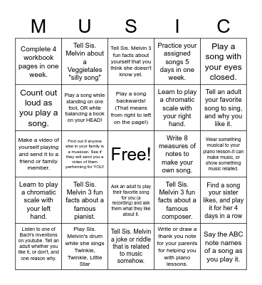 Brady's Beginner BINGO Card