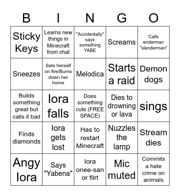 Iora Minecraft Stream Bingo Card