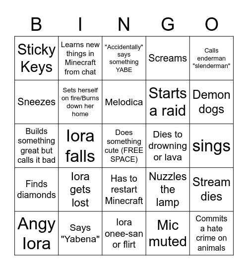 Iora Minecraft Stream Bingo Card