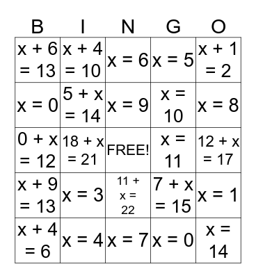 Leesburg Addition Equations Bingo Card