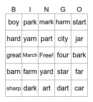 -AR WOrds Bingo Card