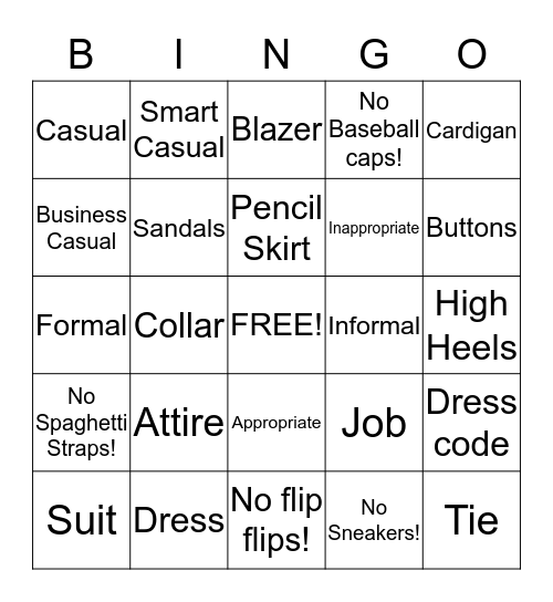Professional Dress Bingo Card
