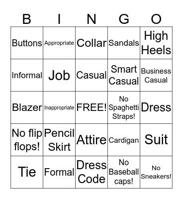 Professional Dress Bingo Card