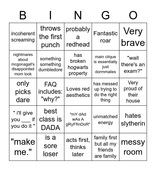 gryffindor ! Bingo Card
