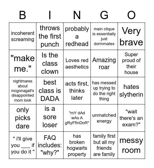 gryffindor ! Bingo Card