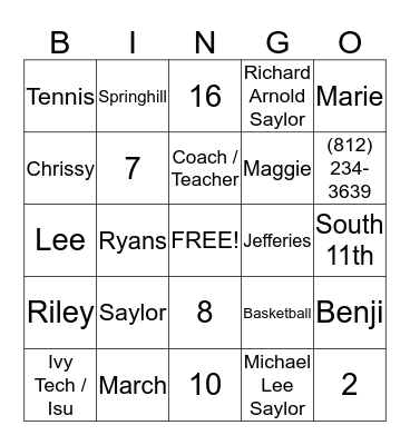 Fun Family / Memory Bingo Card