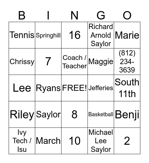 Fun Family / Memory Bingo Card