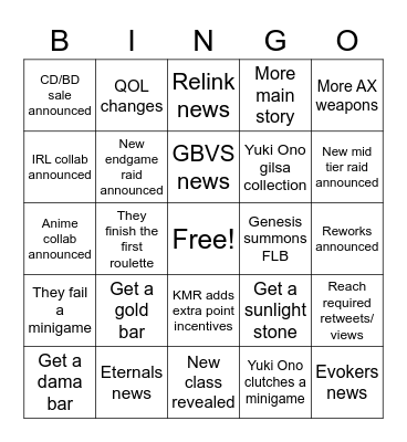 Granblue Stream Bingo Card