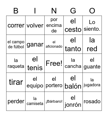 Ch. 5 Vocabulary - Spanish 1 Bingo Card