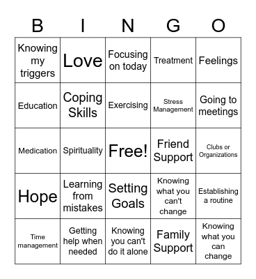 Recovery Skills Bingo Card