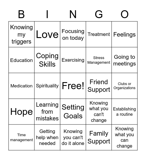 Recovery Skills Bingo Card