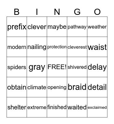 Syllables V/CV (open) & VC/V (closed); Long a: ai,ay Bingo Card