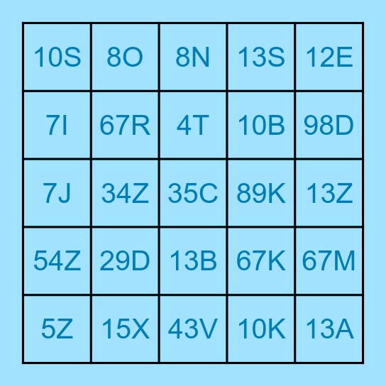 Numbers Bingo Card