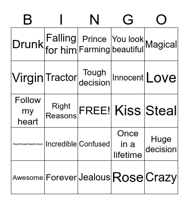 Bachelor Bingo Card