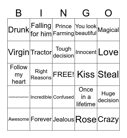 Bachelor Bingo Card