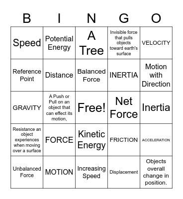 Physics Vocabulary Bingo Card