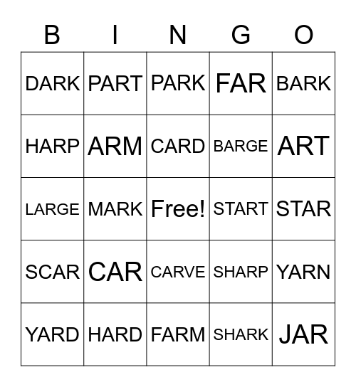 AR Words Bingo Card