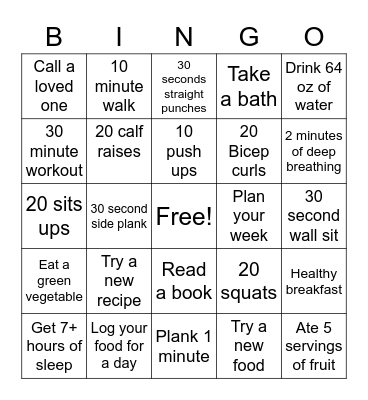 Fitness/ Self Care Bingo Card