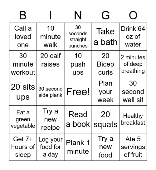 Fitness/ Self Care Bingo Card