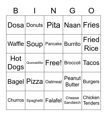 Diverse Food Bingo Card