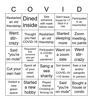 Pandemic Bingo Card