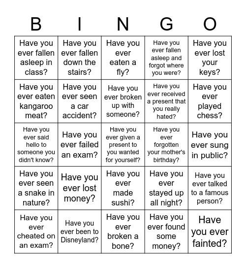 Have you ever Bingo Card